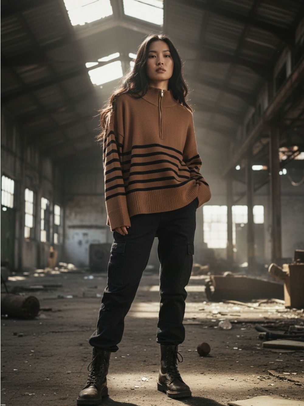 DKNY Brown and Black Striped 1/4 Zip Pull Over L - Picture 6 of 6